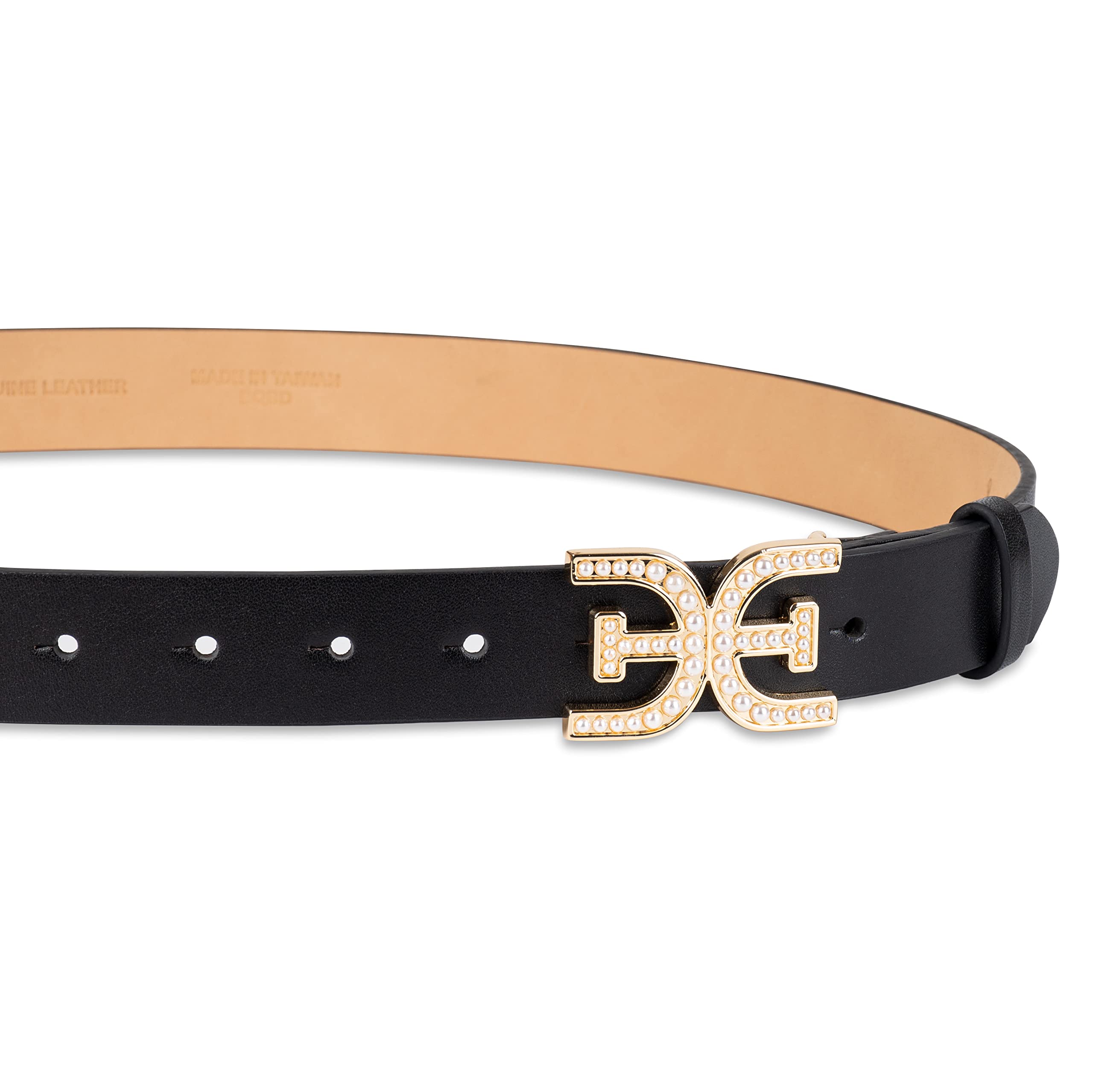 Sam Edelman Women's Imitation Pearl Embellished Double-E Logo Plaque Buckle Leather Belt for Jeans, Dresses and Trousers - Image 4